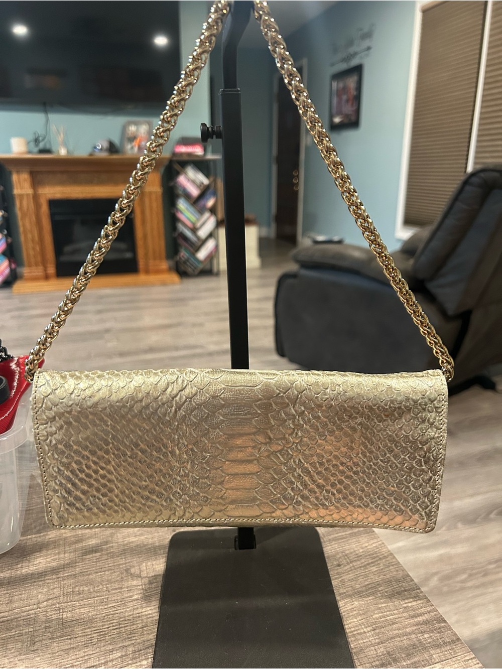 Valerie Stevens Metallic Gold Snake-Embossed Chain Clutch